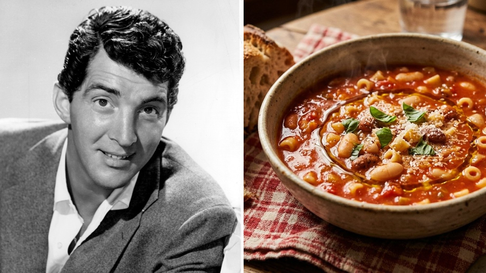 Dean Martin next to a bowl of pasta e fagioli with crusty bread