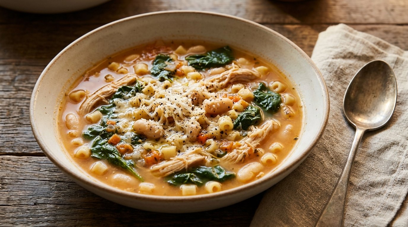 Bowl of bean and pasta soup with chicken and spinach