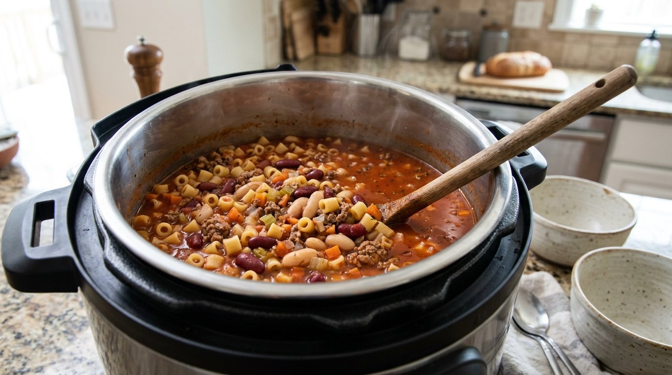 Pressure cooker pot of bean and pasta soup with ground beef