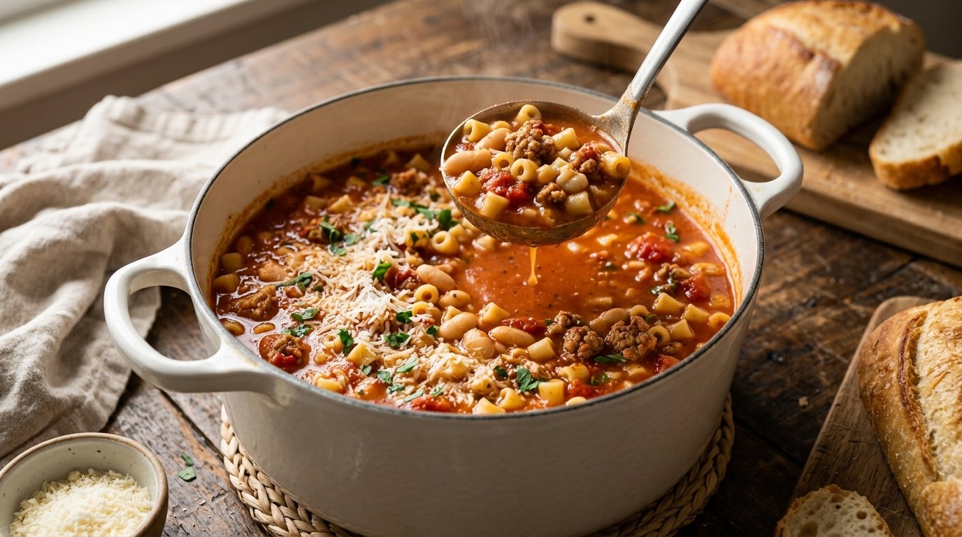 Pot of pasta e fagioli with Italian sausage and Parmesan