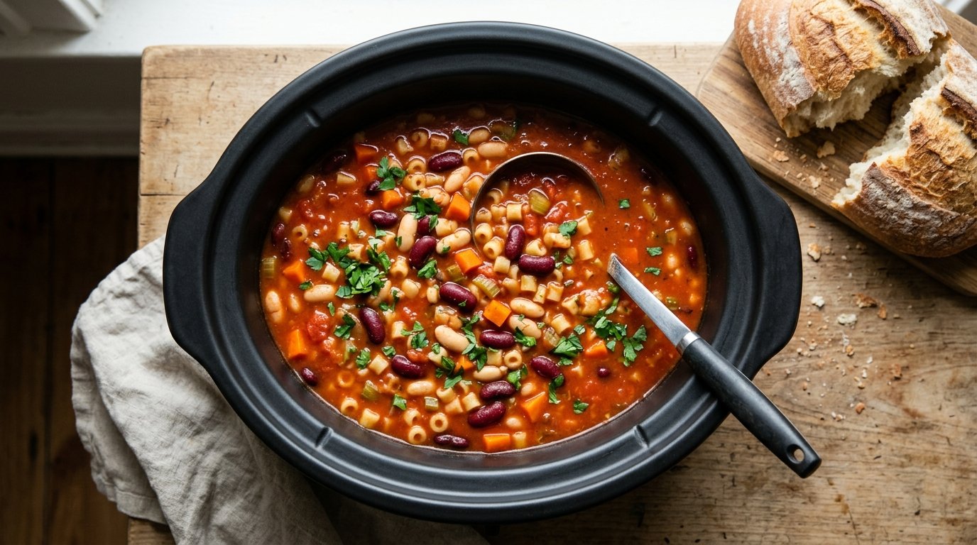 Slow cooker pasta e fagioli with beans and small pasta
