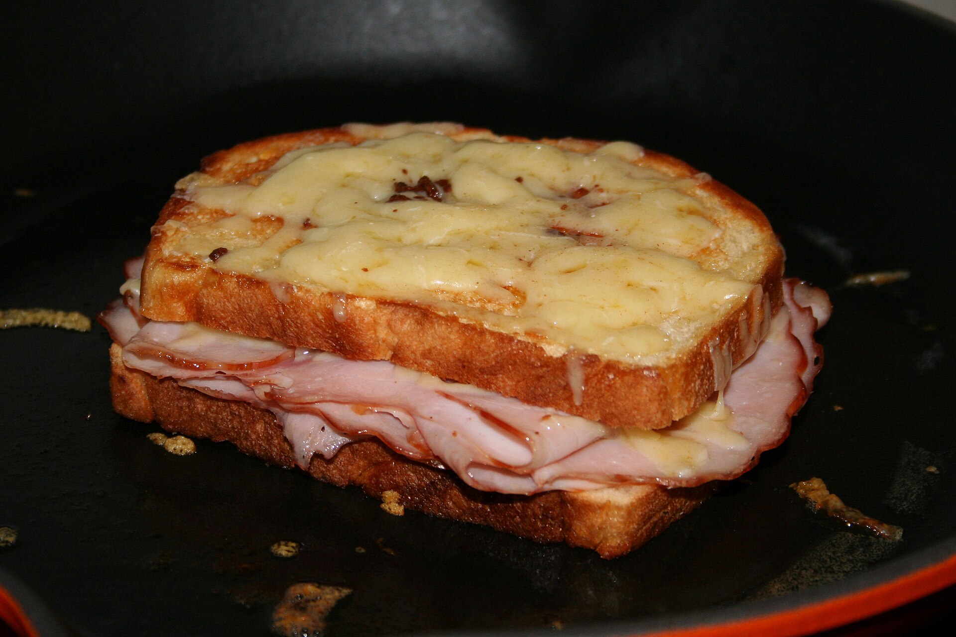 Croque monsieur ham and cheese sandwich with bubbling cheese, from Jacques Pepin recipes