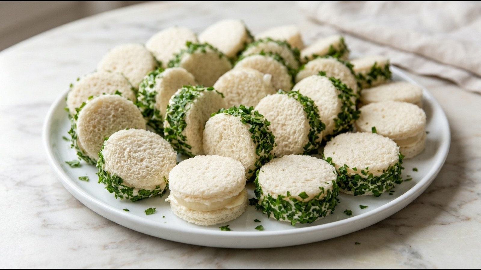 Small round onion sandwiches with parsley edges on a platter, from Jacques Pepin recipes