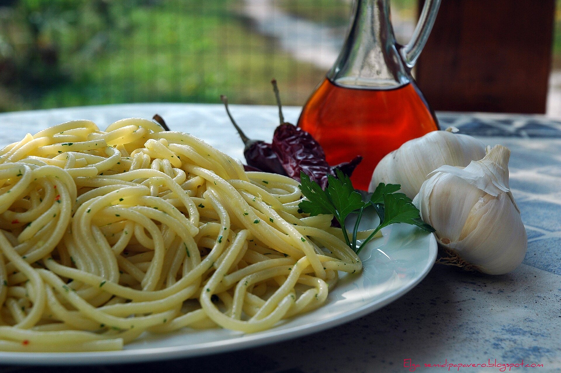 Spaghetti tossed with anchovy, garlic and parsley
