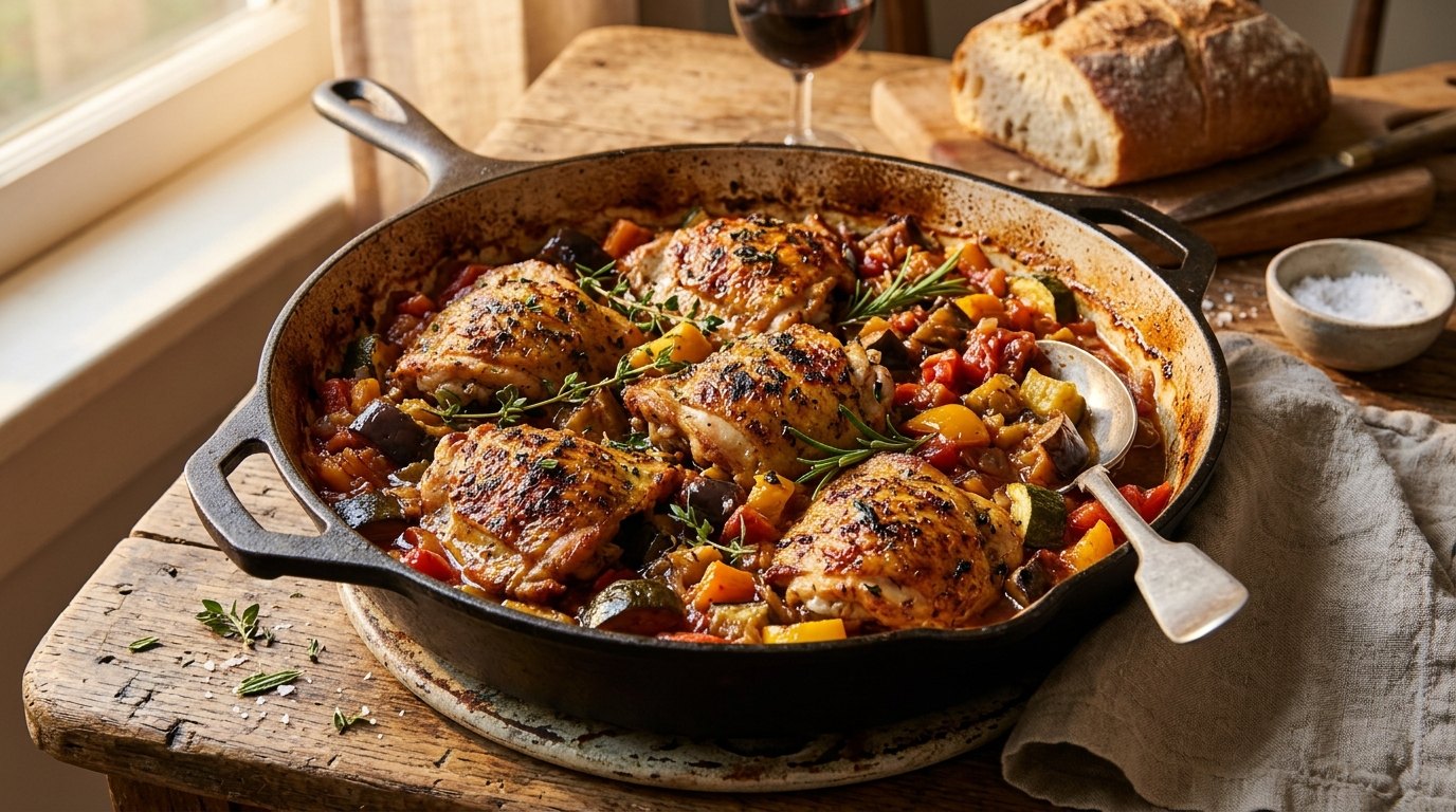 Chicken thighs roasted over ratatouille vegetables in a skillet