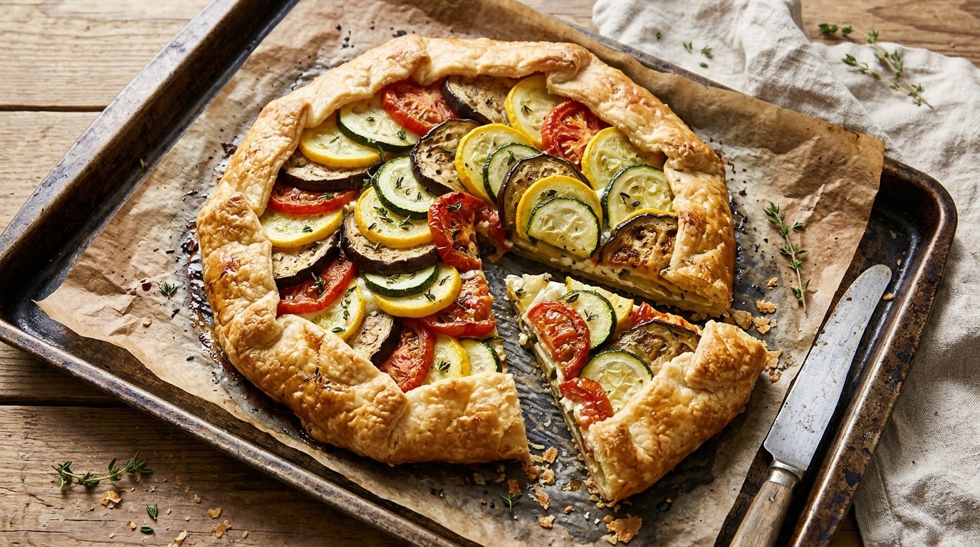 Rustic galette filled with sliced zucchini, squash, eggplant and tomato