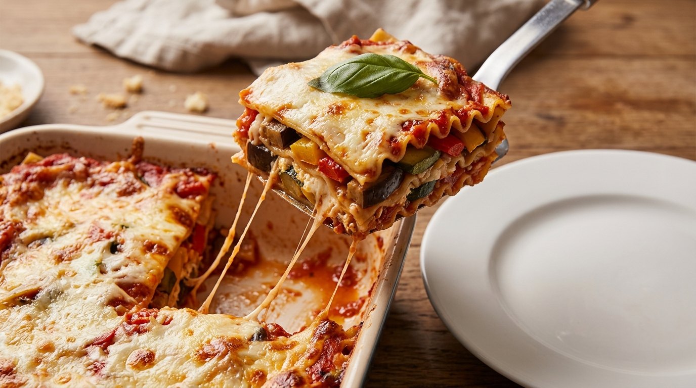 Slice of vegetable lasagna made with ratatouille, one of the heartiest ratatouille recipes