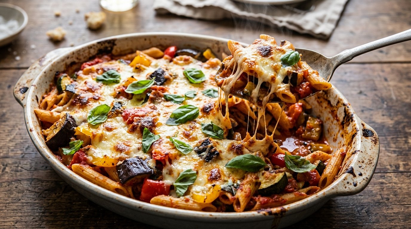 Ratatouille pasta bake with melted mozzarella and basil