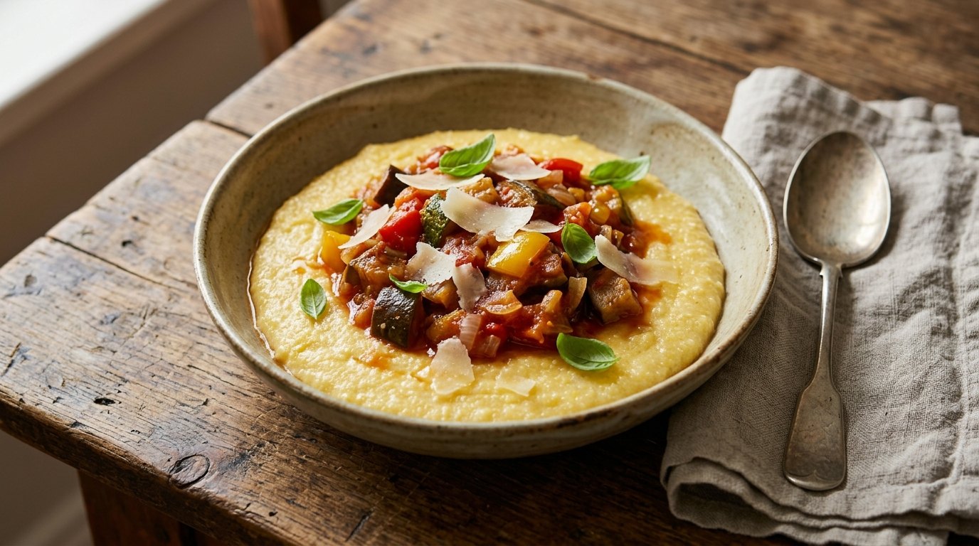 Bowl of creamy polenta topped with ratatouille and Parmesan