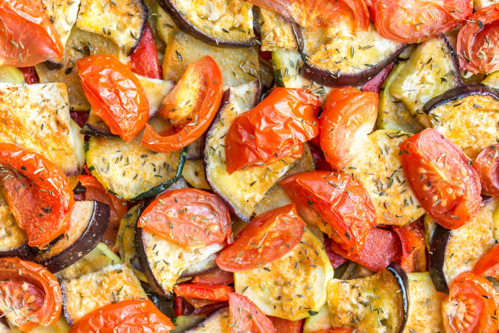 Close-up of roasted eggplant, zucchini and tomato, one of the easiest ratatouille recipes