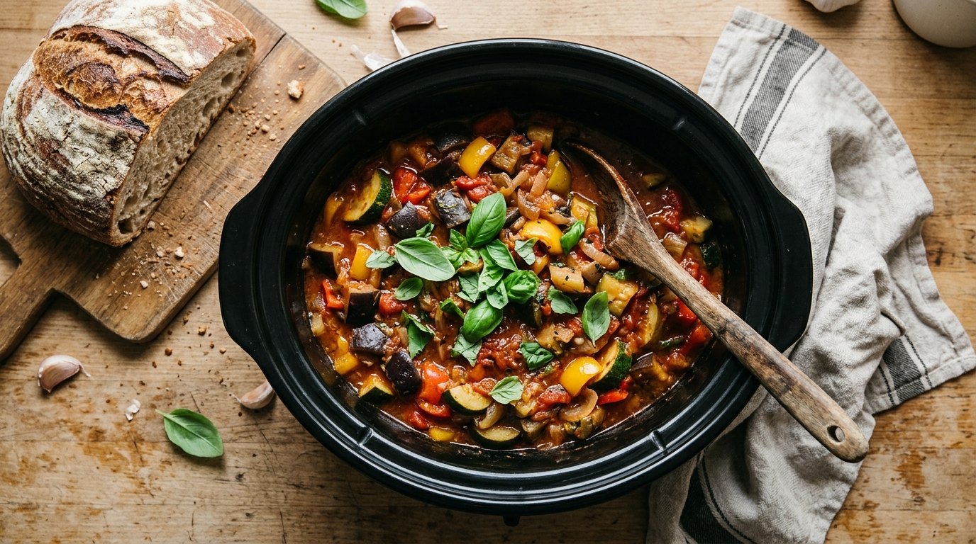 Slow cooker ratatouille with fresh basil, one of the easiest ratatouille recipes