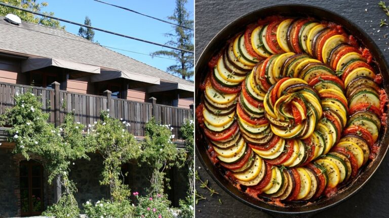 The French Laundry restaurant next to a skillet of layered ratatouille
