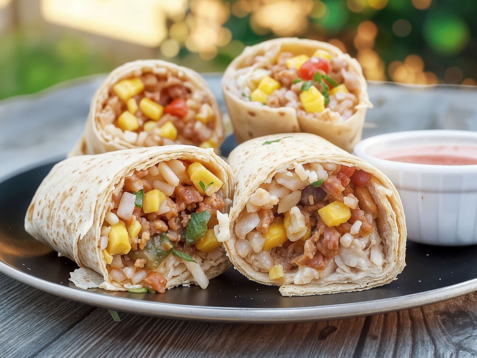Stuffed burritos cut in half on a plate