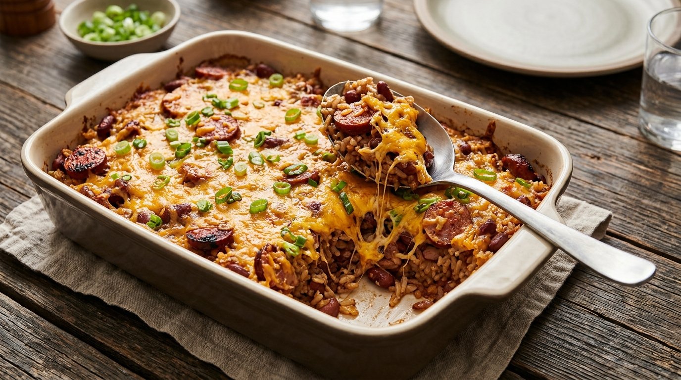 Red beans and rice casserole with melted cheddar