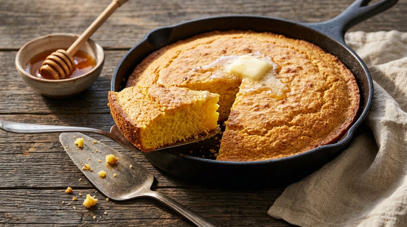 Golden skillet cornbread with butter and honey