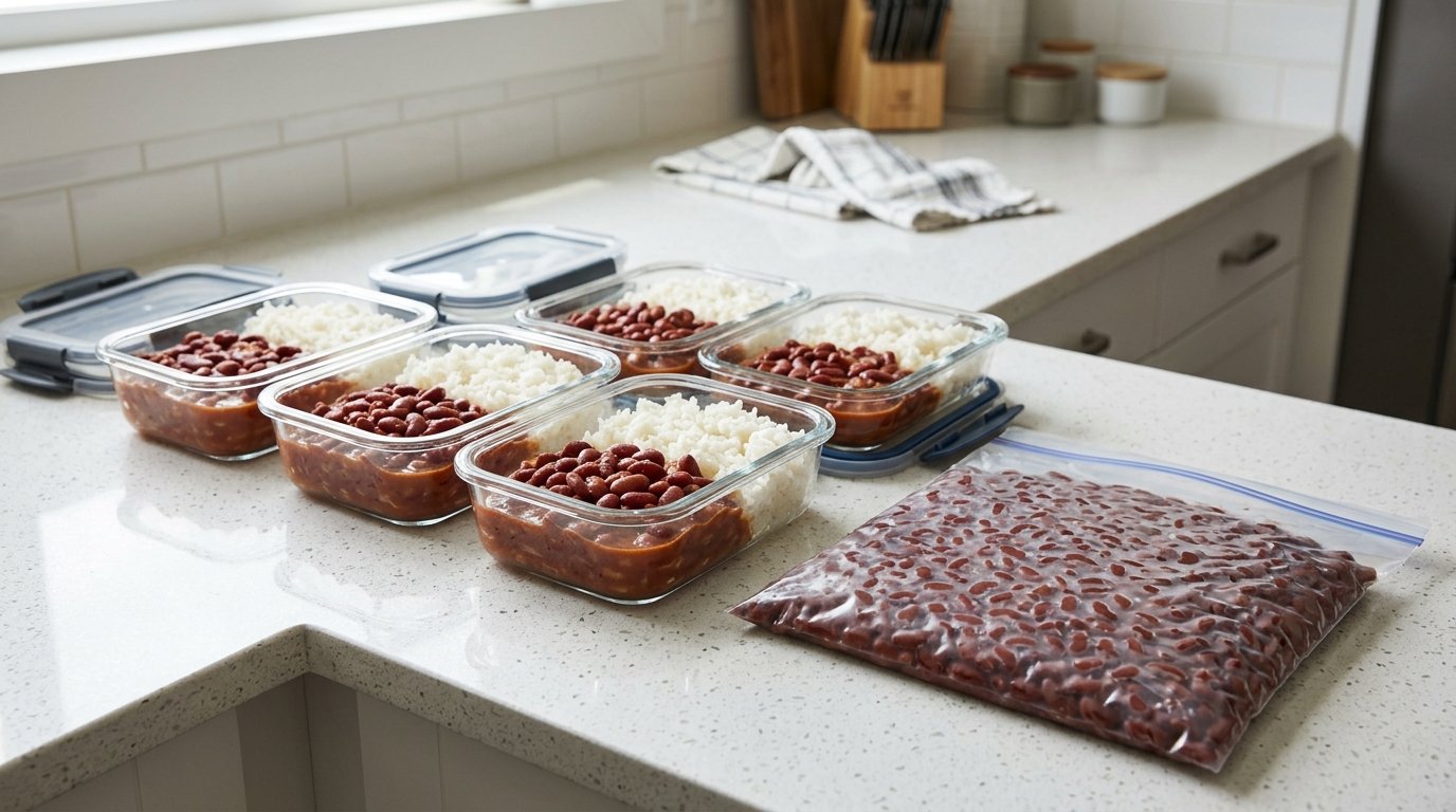 Meal prep containers of red beans and rice for the week
