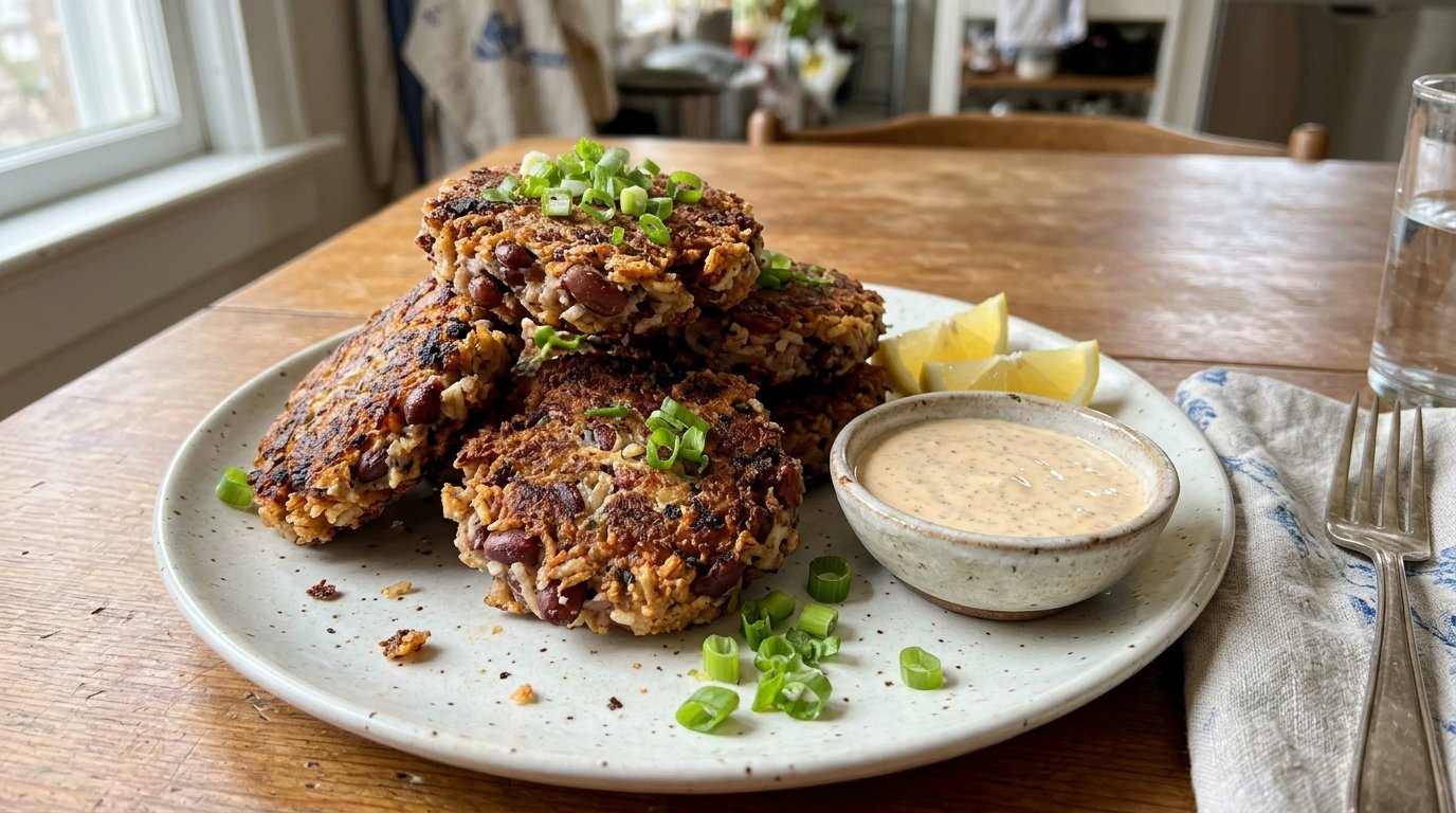 Crispy fried patties made from leftover beans and rice with remoulade