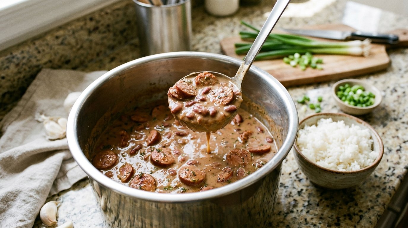 Pressure cooker red beans with smoked sausage and a bowl of rice