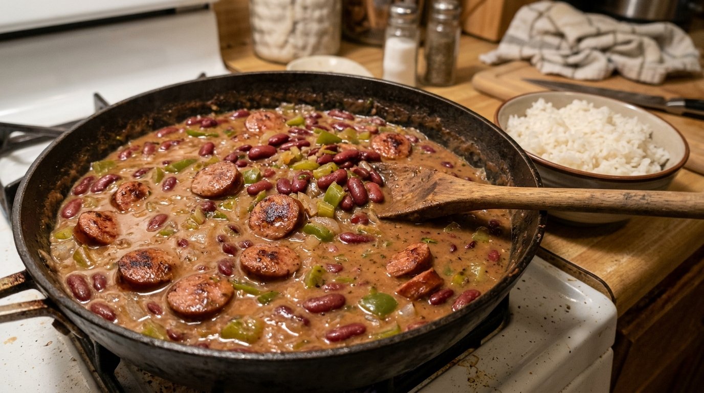 Skillet of quick red beans and rice made with canned beans