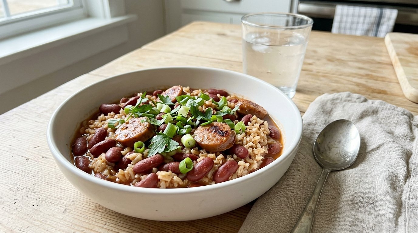 Lighter bowl of beans with turkey sausage over brown rice