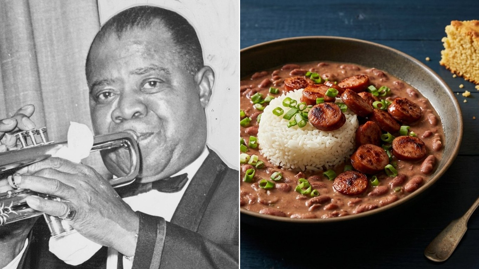 Louis Armstrong playing trumpet next to a bowl of red beans and rice with smoked sausage
