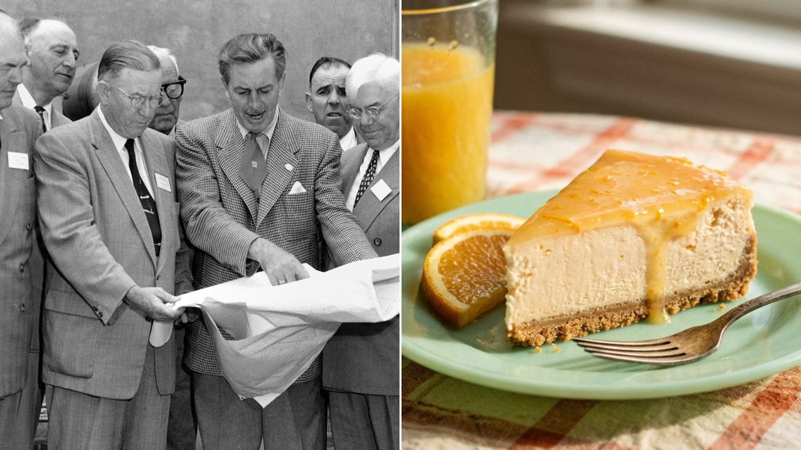 Walt Disney showing Disneyland plans in 1954 next to orange cheesecake, the first of our retro Disney recipes