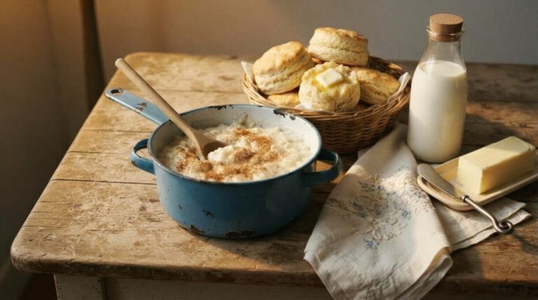 Creamy rice pudding in a blue enamel pot with buttermilk biscuits and milk