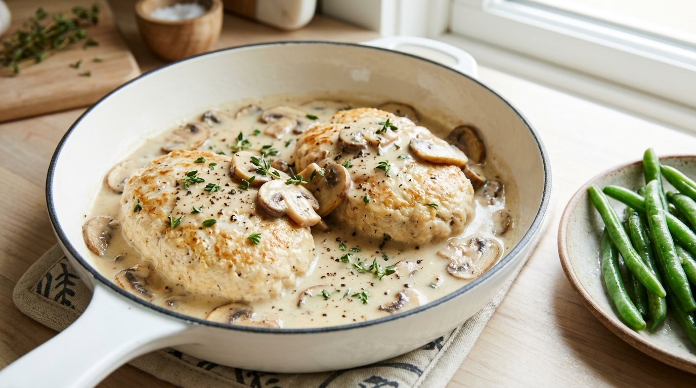 Chicken patties in a light creamy mushroom gravy with green beans