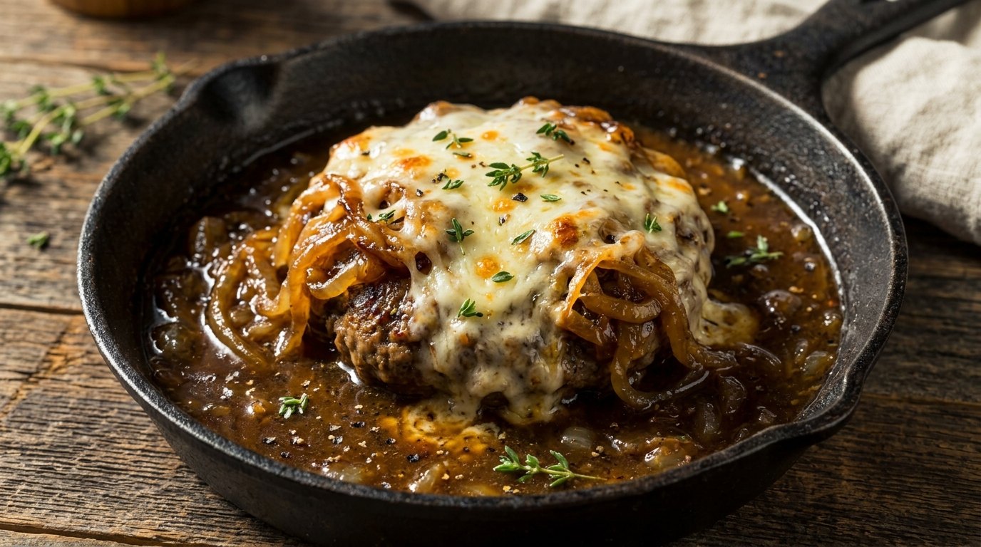 French onion Salisbury steak with caramelized onions and melted Swiss cheese