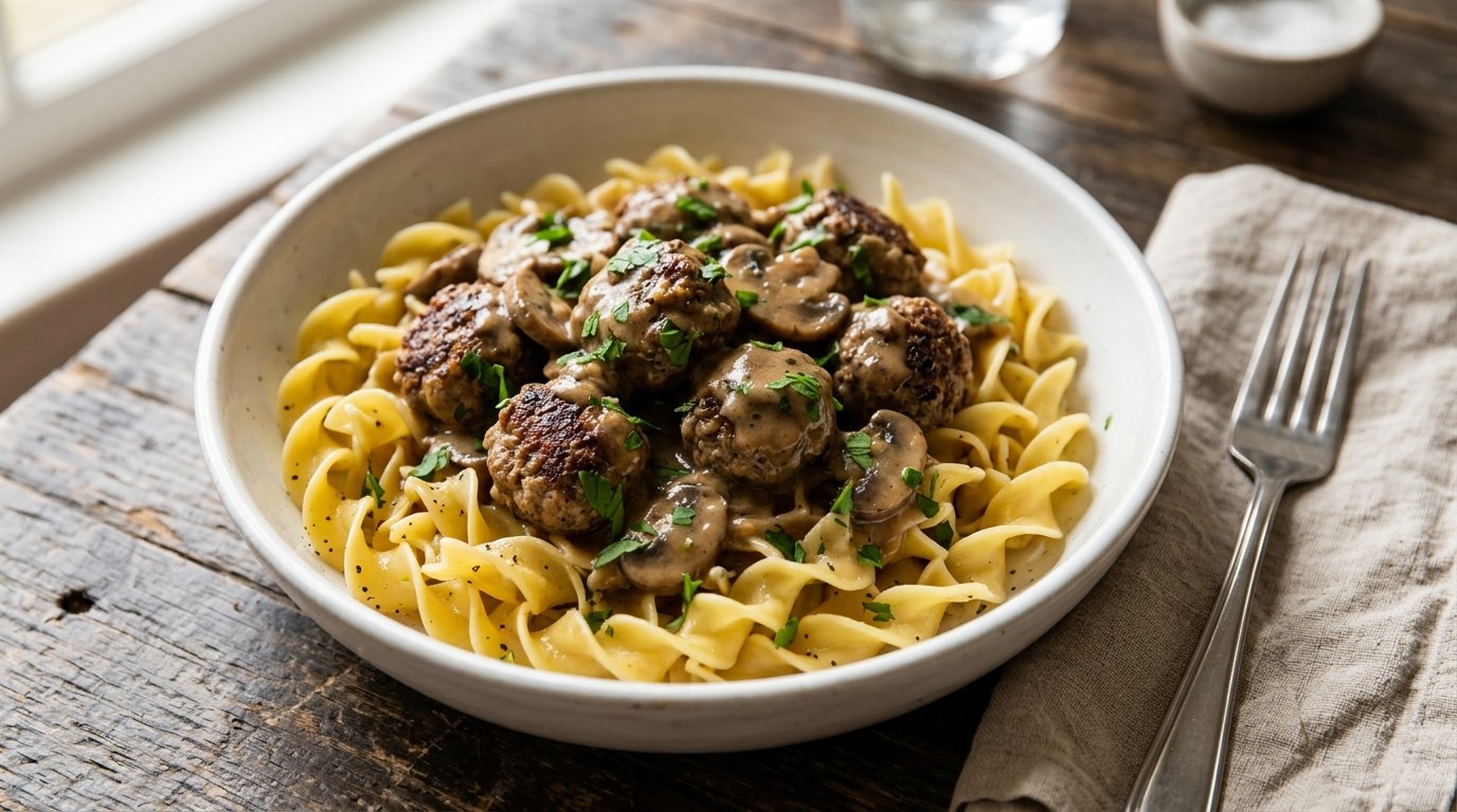 Small meatballs in mushroom gravy over buttered egg noodles