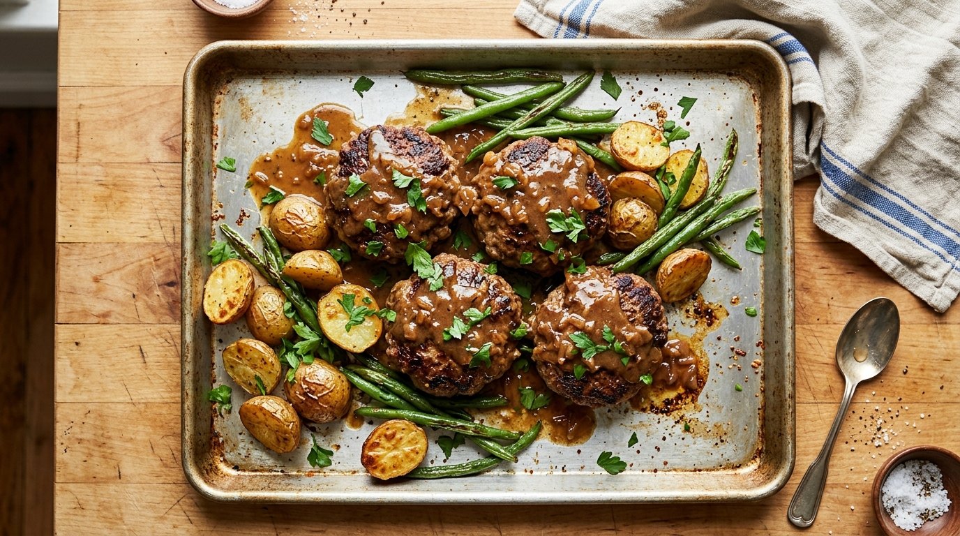 Sheet pan dinner with gravy-covered patties, roasted potatoes and green beans