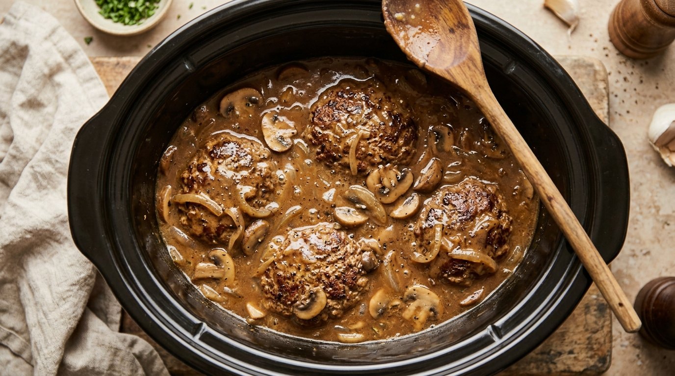 Slow cooker Salisbury steak simmering in mushroom gravy with onions