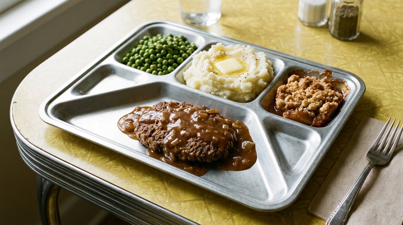 Homemade retro TV dinner tray with a Salisbury steak, mashed potatoes, peas and apple crumble