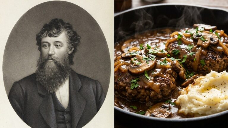 Dr. James Salisbury next to a skillet of Salisbury steak with mushroom gravy