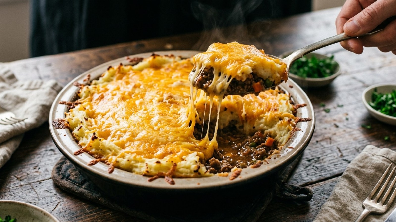 Cheesy shepherd's pie with a melted cheddar crust, a family favorite among shepherd's pie recipes