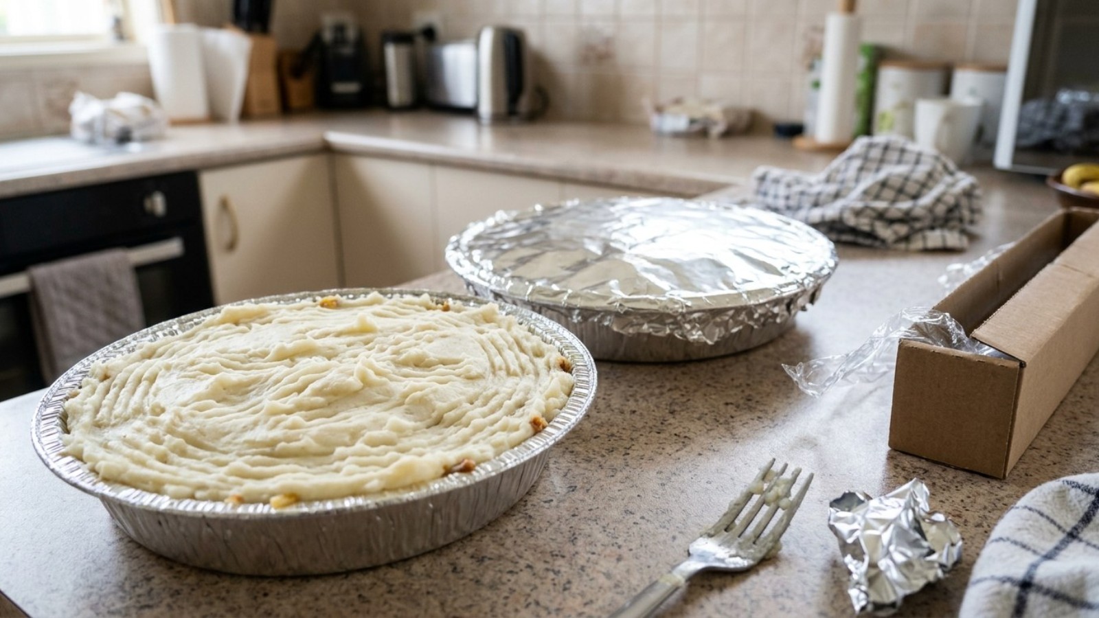 Two unbaked shepherd's pies in foil pans ready for the freezer, make-ahead shepherd's pie recipes