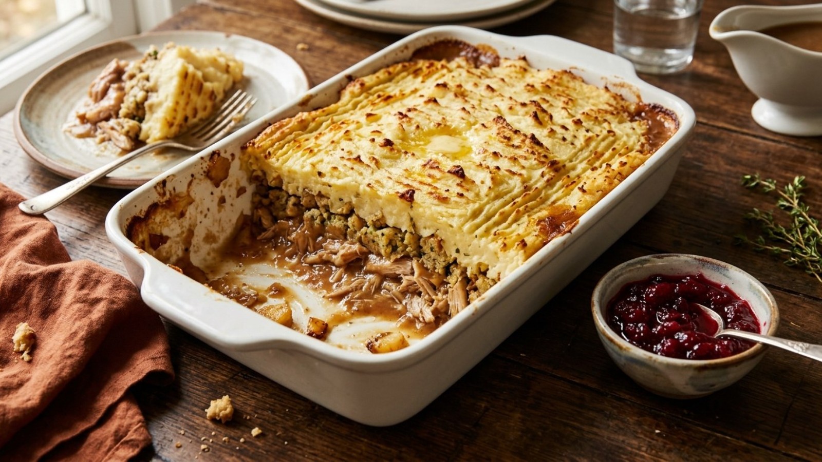 Thanksgiving leftover shepherd's pie with turkey, stuffing and mashed potatoes, one of the best shepherd's pie recipes for November