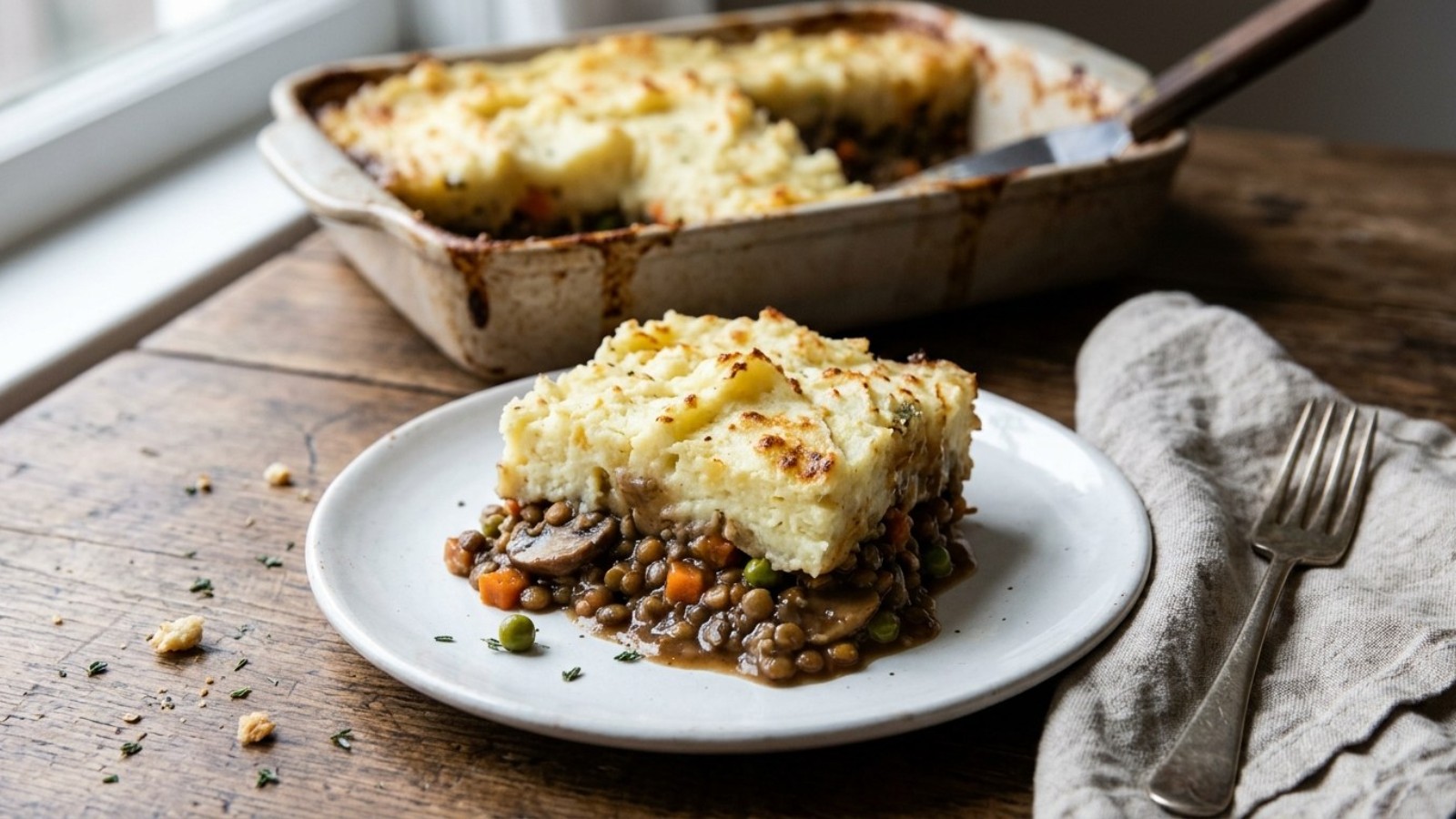Lentil and mushroom bake with fluffy mashed potatoes on a white plate