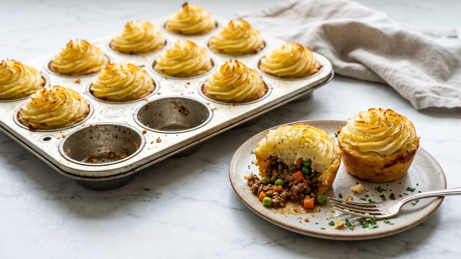 Mini shepherd's pies in a muffin tin with piped mashed potato tops, one of the easiest shepherd's pie recipes for parties