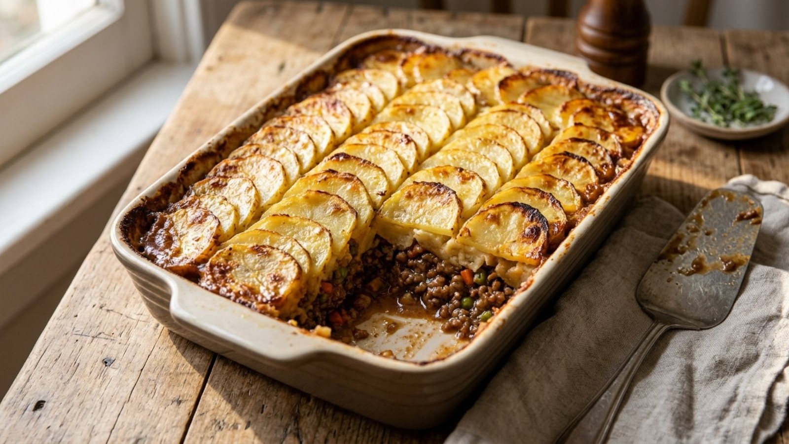 Crisp overlapping potato slices baked over a meat filling
