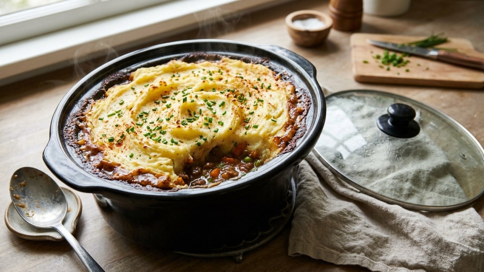 Creamy mashed potato top with chives in a slow cooker crock