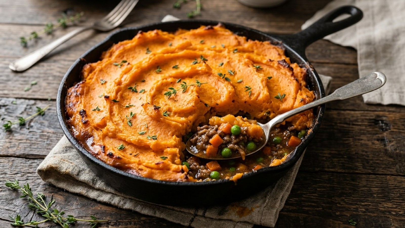 Orange sweet potato mash over a beef filling in a cast iron skillet