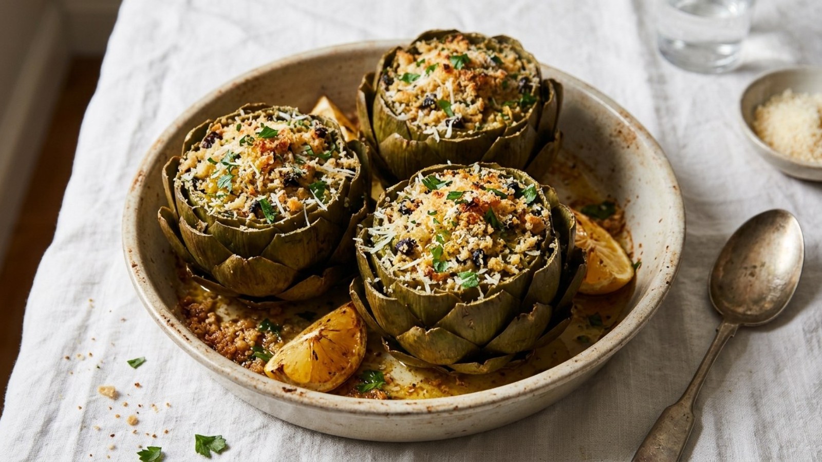 Stuffed artichokes with breadcrumbs, Parmesan and olives, the favorite appetizer in Frank Sinatra recipes