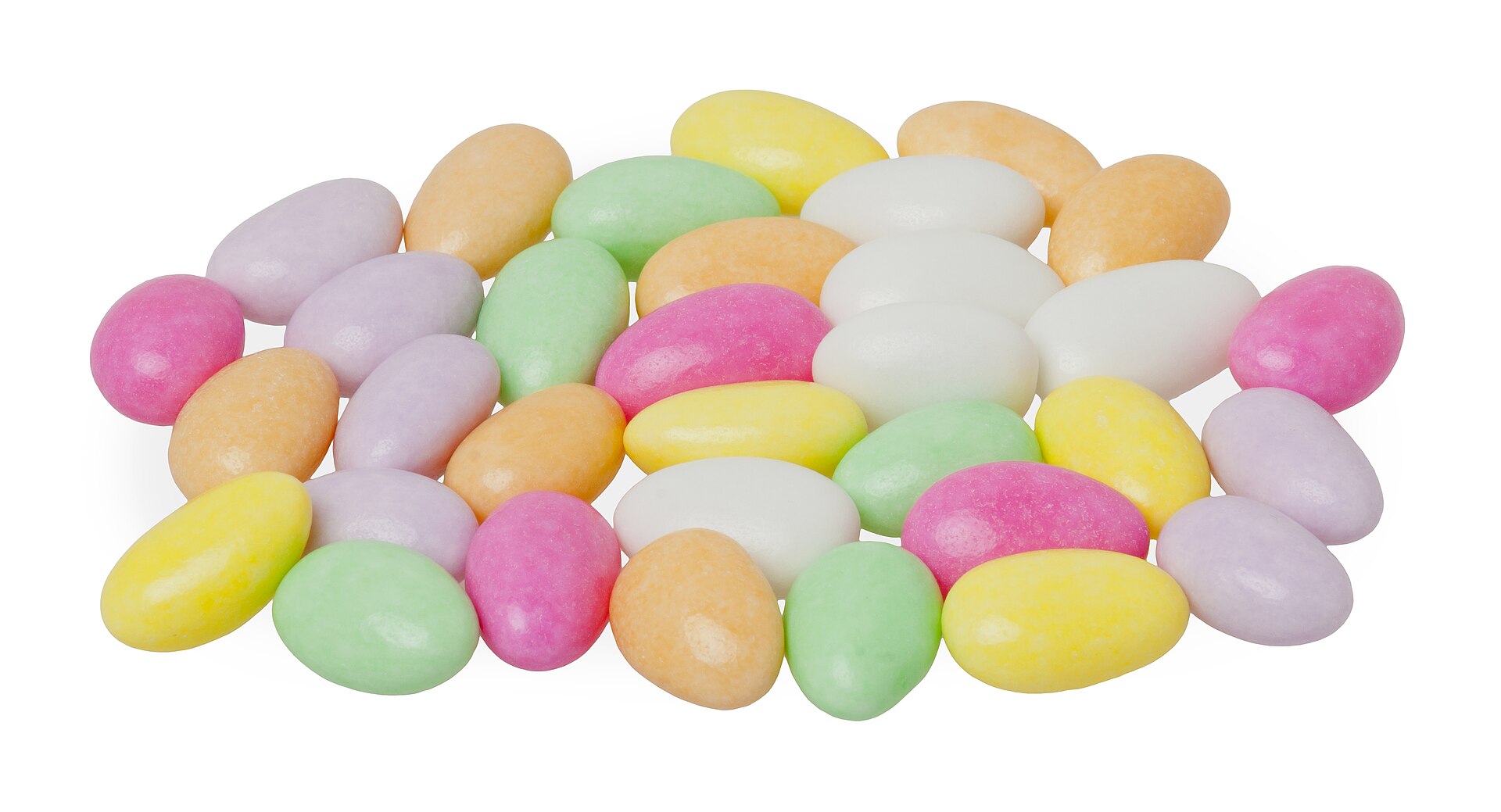 Pastel candy-coated Jordan almonds, a modern cousin of the old comfits