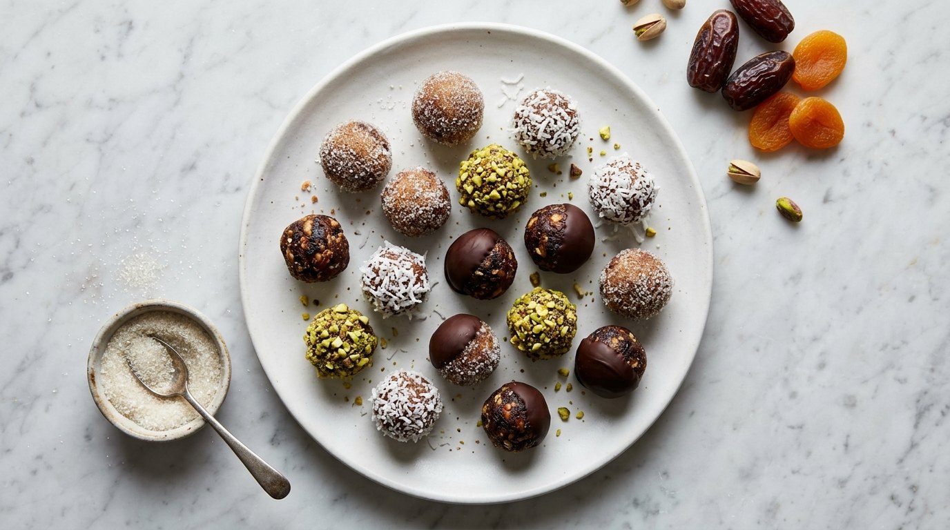 Plate of no-bake fruit and nut candies with coconut, pistachio and chocolate coatings