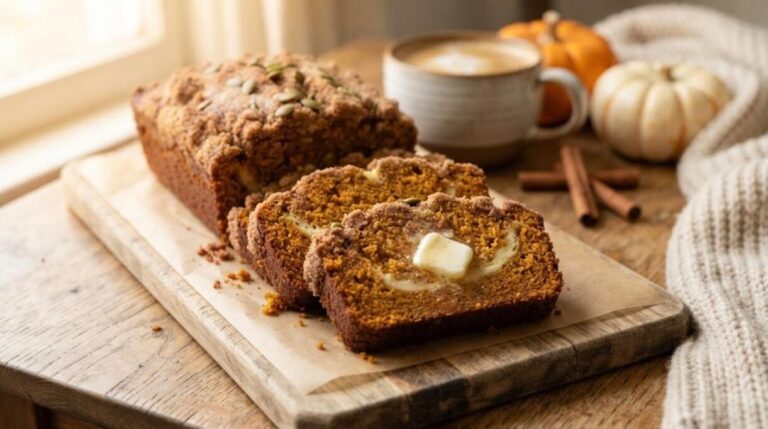 Sliced pumpkin bread with a cream cheese swirl and pepitas on a board