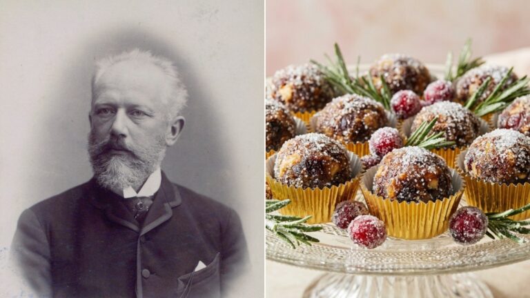 Tchaikovsky next to a cake stand of homemade sugar plums