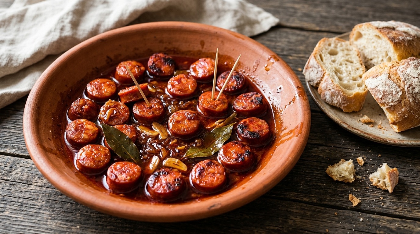 Spanish chorizo slices in glossy red wine sauce