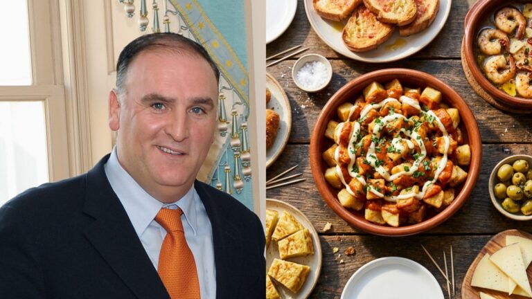 José Andrés beside a Spanish tapas recipes spread with patatas bravas, garlic shrimp and croquetas
