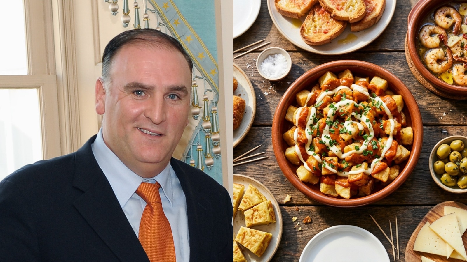 José Andrés beside a Spanish tapas recipes spread with patatas bravas, garlic shrimp and croquetas